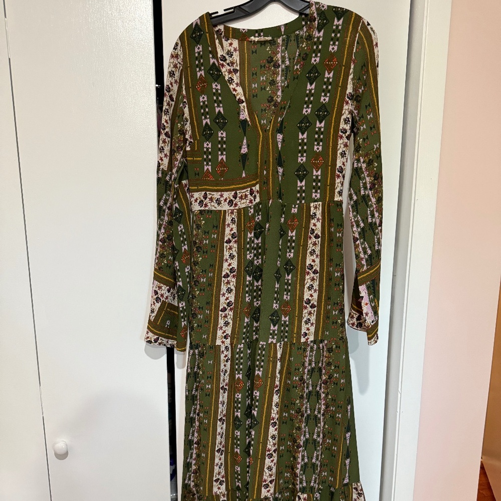 Altar’d State Olive Multicolor Floral Boho Long Sleeve Maxi Dress
